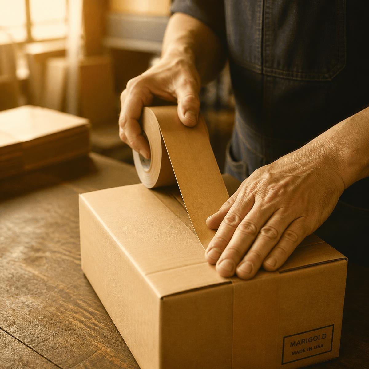 Hands sealing a shipping parcel with kraft tape