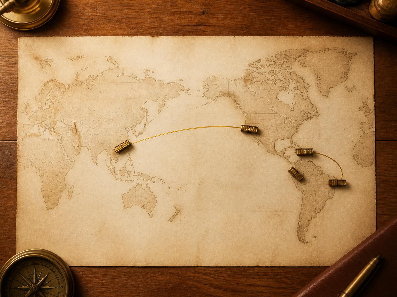 World map with a gold shipping route from China to the Americas
